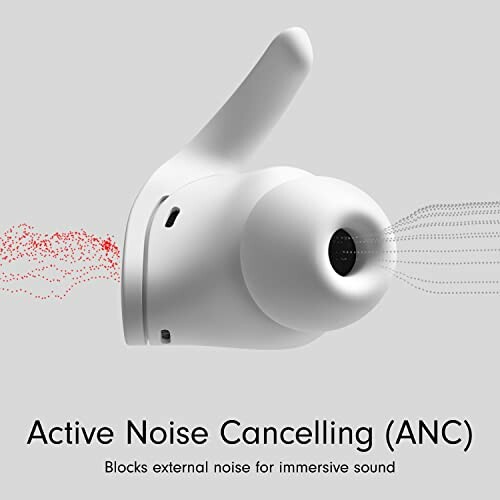 White earbud illustrating active noise cancelling feature.