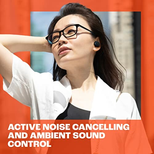 Person wearing earbuds with active noise cancelling and ambient sound control