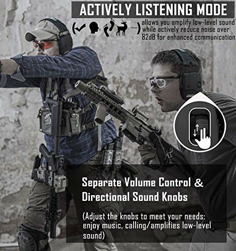 Two soldiers with tactical gear using actively listening mode headphones.