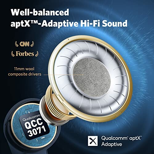 Close-up of Qualcomm aptX Adaptive Hi-Fi sound driver with text.