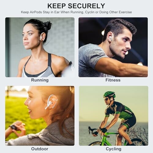 People using AirPods securely during running, fitness, outdoor activities, and cycling.