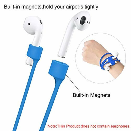 Blue strap with built-in magnets to hold AirPods securely.