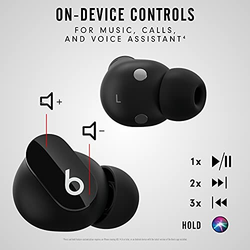 Black Beats earbuds with on-device controls for music, calls, and voice assistant.