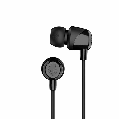 Black in-ear earbuds on white background