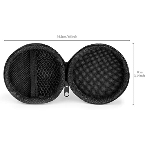 Open black round zippered case with dimensions labeled.