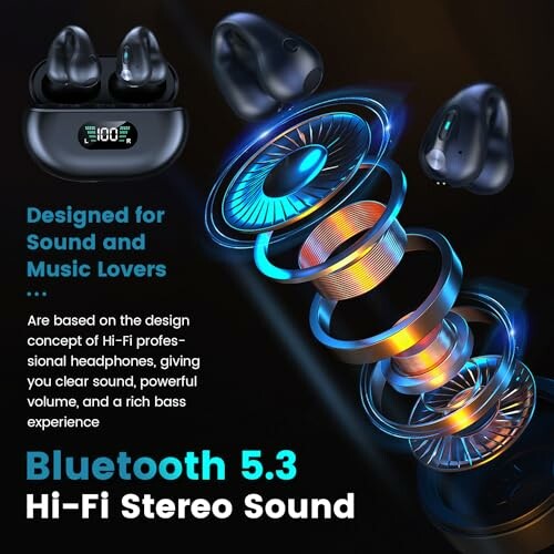 Bluetooth 5.3 earbuds with hi-fi stereo sound and digital display.