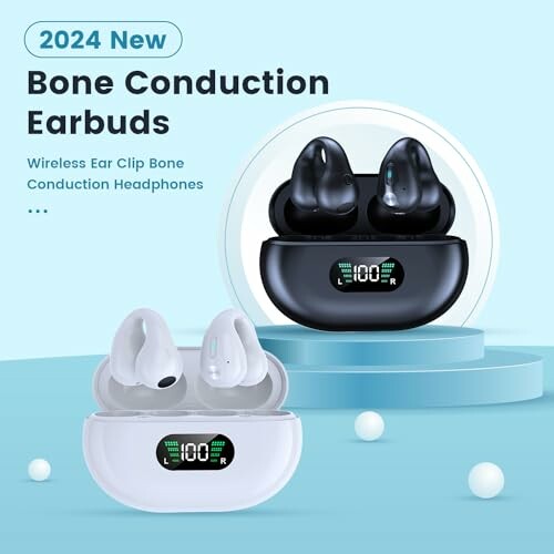 2024 new bone conduction earbuds in black and white with digital display.