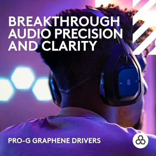 Person wearing headphones with text 'Breakthrough audio precision and clarity' and 'Pro-G Graphene Drivers'