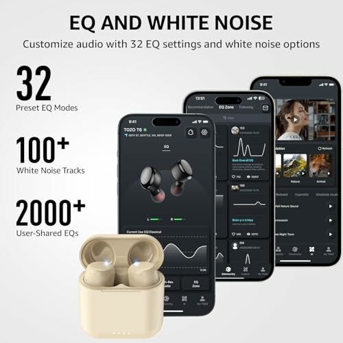 Earbuds with EQ and white noise settings displayed on smartphones.