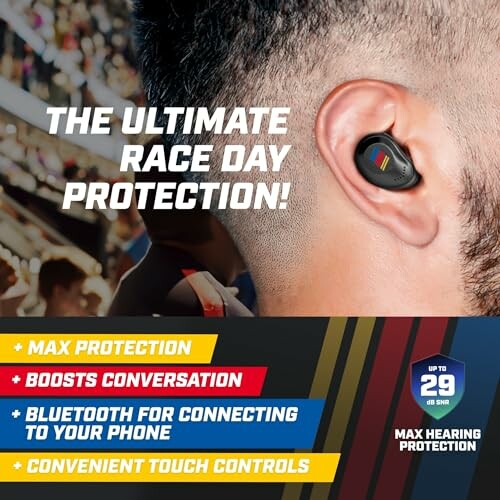 Earbuds with race day protection features and Bluetooth connectivity.