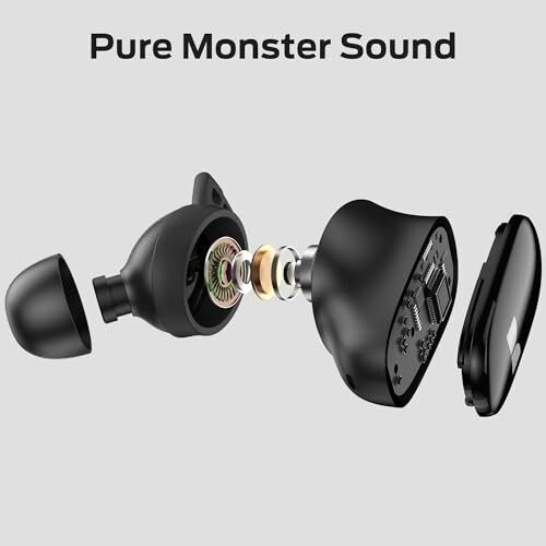 Exploded view of earbud components with text 'Pure Monster Sound'.