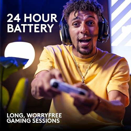 Man gaming with headphones and controller, 24-hour battery