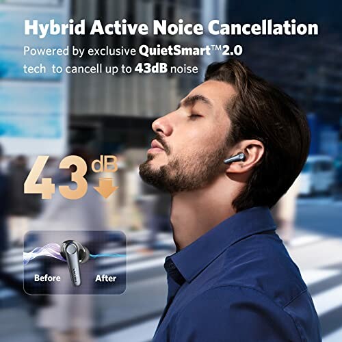 Man using earbuds with hybrid active noise cancellation technology in an urban setting.