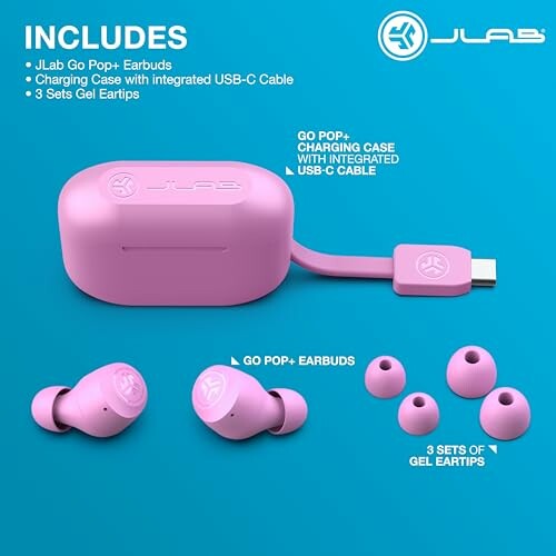 Pink JLab Go Pop+ earbuds with charging case and gel eartips.