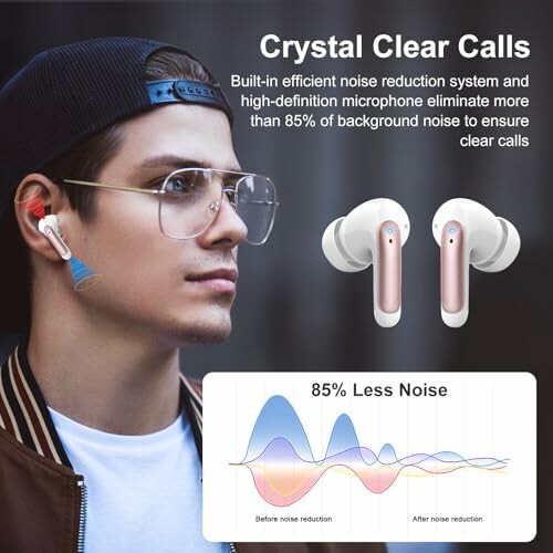 Man wearing earbuds with noise reduction feature and chart showing 85% less noise.