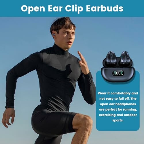 Man running with open ear clip earbuds and charging case.