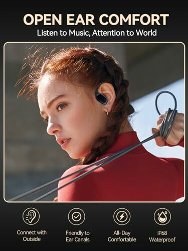 Person wearing open ear headphones with features listed.