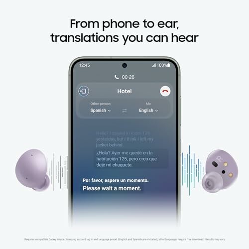 Smartphone displaying translation app with earbuds nearby.