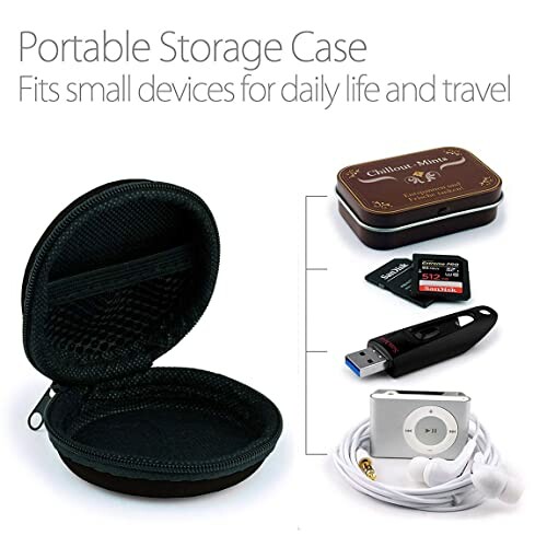 Portable storage case with small devices like USB, earphones, and memory cards.