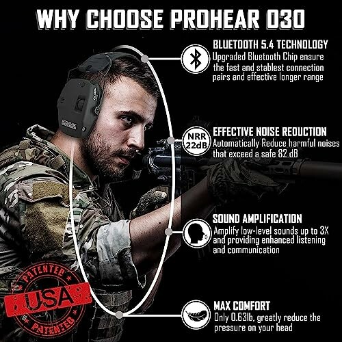 Soldier wearing Prohear 030 earmuffs with Bluetooth, noise reduction, and sound amplification features.