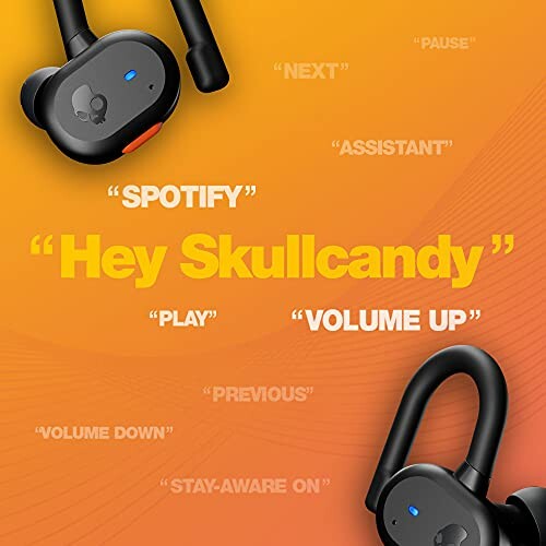 Skullcandy earbuds showcasing voice command features like play, volume up, and Spotify.