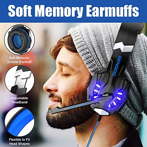 Man wearing gaming headset with soft memory earmuffs.