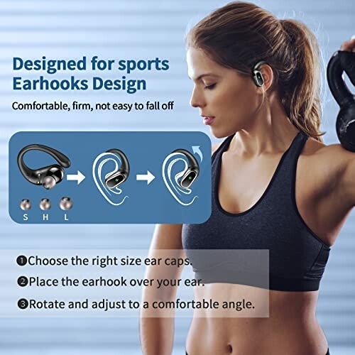 Woman wearing sports earhooks, designed for secure fit.