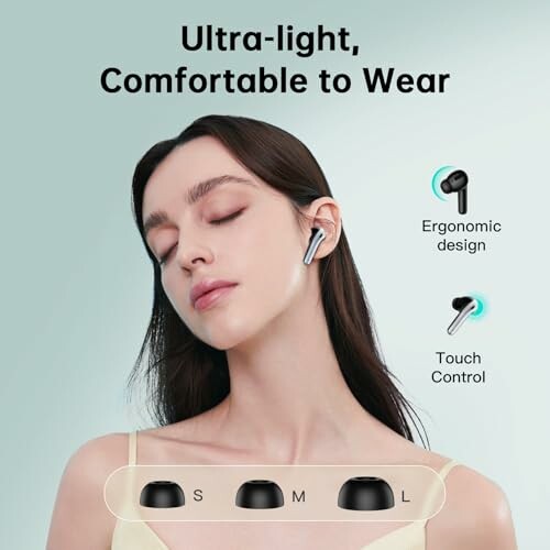 Woman wearing ergonomic earbuds with touch control and size options.