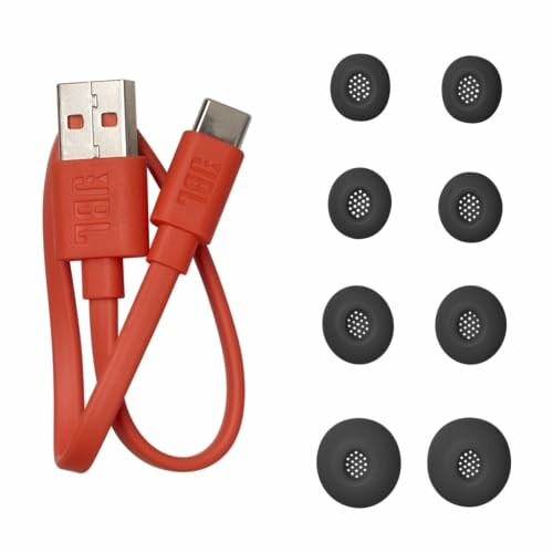 Red USB cable with earbud tips.