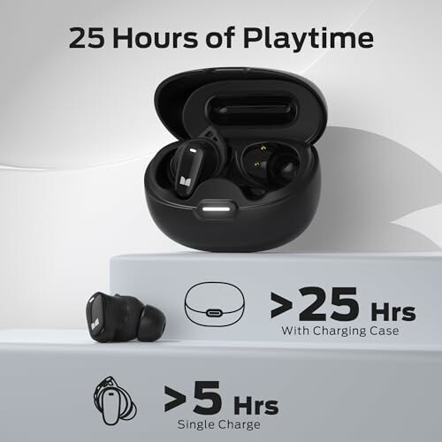 Wireless earbuds with charging case displaying 25 hours of playtime.