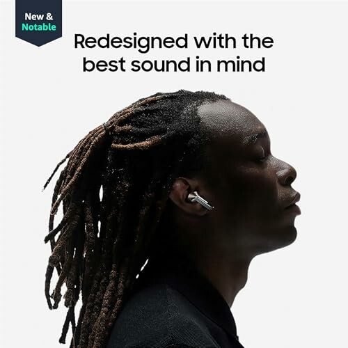 Person wearing wireless earbuds with caption 'Redesigned with the best sound in mind'.