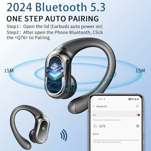 Wireless earbuds with 2024 Bluetooth 5.3 technology and auto pairing feature.