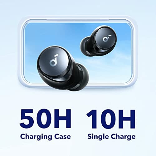 Wireless earbuds with charging case, 50 hours total battery life, 10 hours per charge.