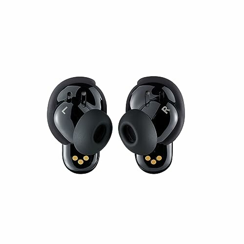 Black wireless earbuds with left and right indicators