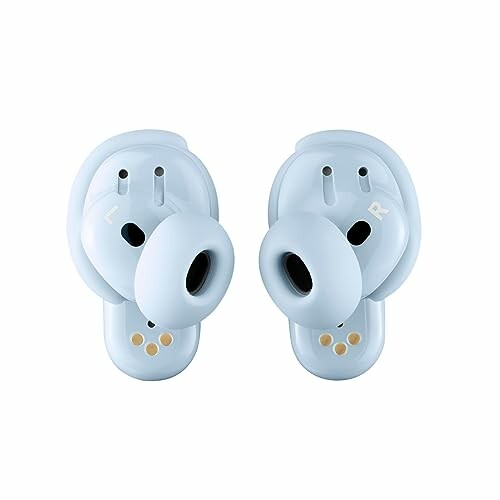 Light blue wireless earbuds with left and right labels