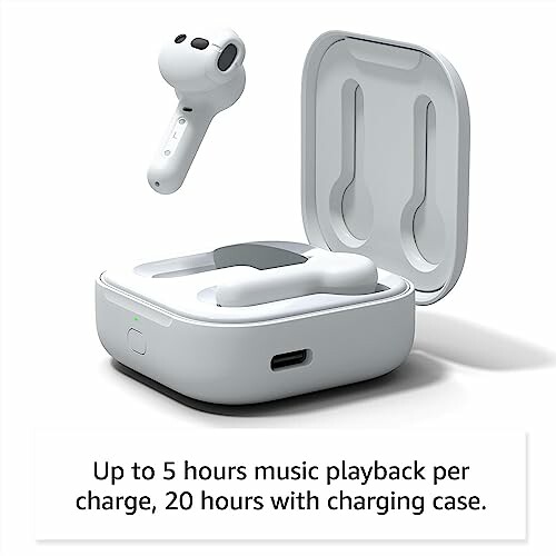 Wireless earbuds with charging case, offering up to 5 hours playback per charge and 20 hours with case.