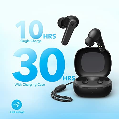 Wireless earbuds with charging case showing 10 hours single charge and 30 hours with charging case.