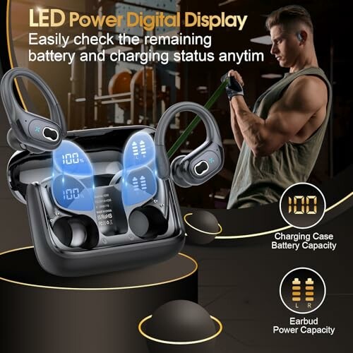 Wireless earbuds with LED power digital display showing battery status.