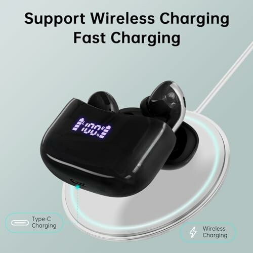 Wireless earbuds on charging pad with digital display.