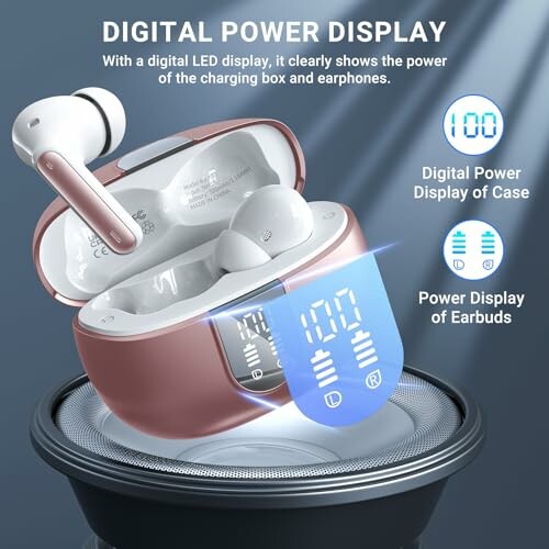 Wireless earbuds with digital power display showing charge levels