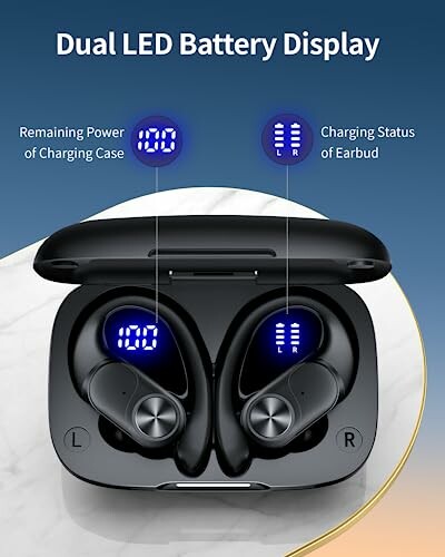 Wireless earbuds with dual LED battery display showing charging status.