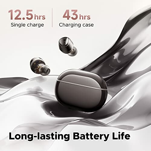 Wireless earbuds and charging case with long-lasting battery life, 12.5 hours on single charge, 43 hours with case.