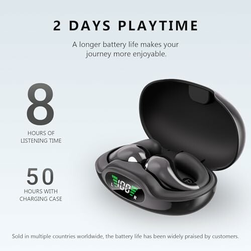 Wireless earbuds with charging case and battery life details.