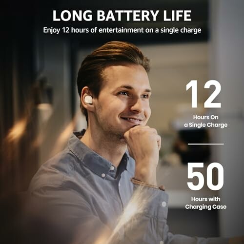 Man using wireless earbuds with long battery life, 12 hours on a single charge, 50 hours with charging case.