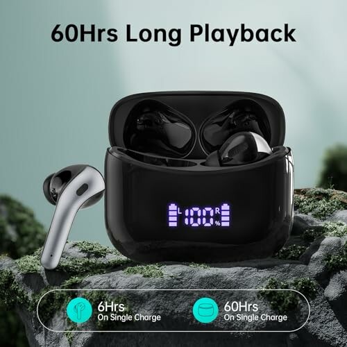 Wireless earbuds with charging case displaying 60 hours long playback.