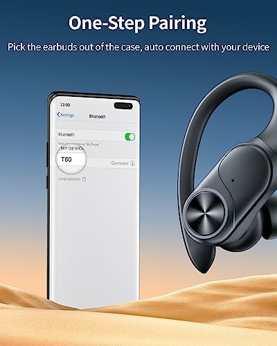 Wireless earbuds with one-step pairing next to a smartphone displaying Bluetooth settings.