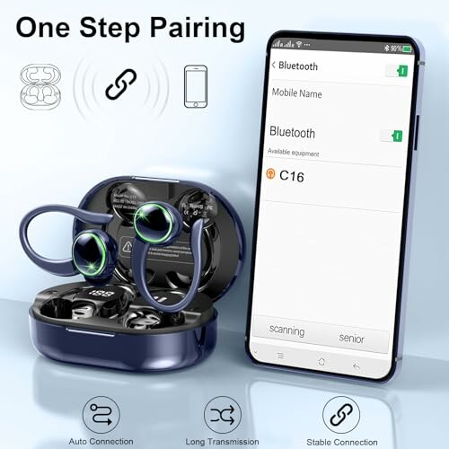 Wireless earbuds with a smartphone showing Bluetooth pairing screen.