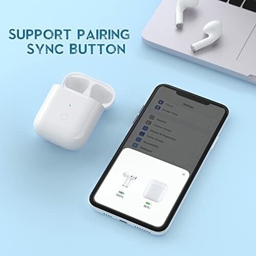 Wireless earbuds with charging case and smartphone for pairing.