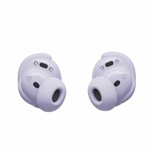 Purple wireless earbuds on white background