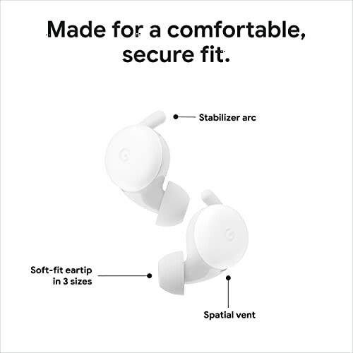 Wireless earbuds with stabilizer arc and soft-fit eartip.